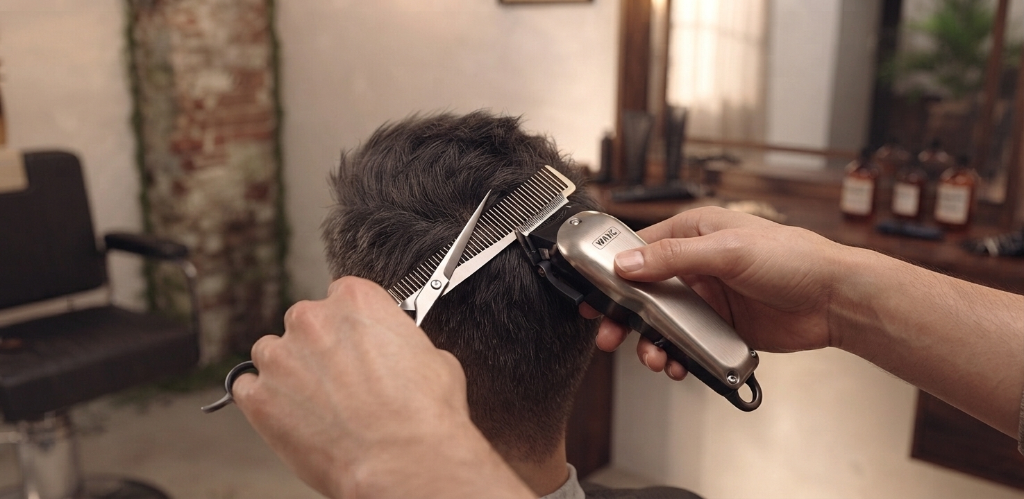 Barber cutting hair with precision tools